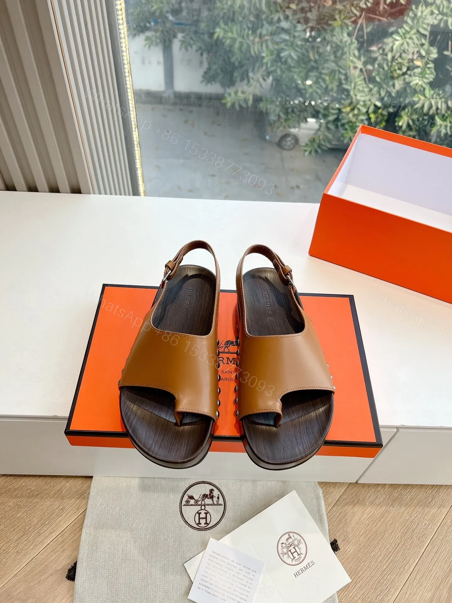 View 5 of Hermes Women Brown Leather Slingback Sandals
