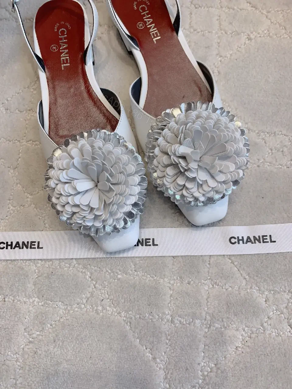 View 6 of White Floral Slingback Pumps - Couture Comfort, Pointed Toe, Block Heel