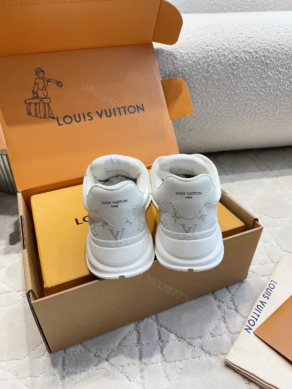 View 10 of White Leather Runner Sneakers Perforated Mesh Modern LV Logo Accent Shoes