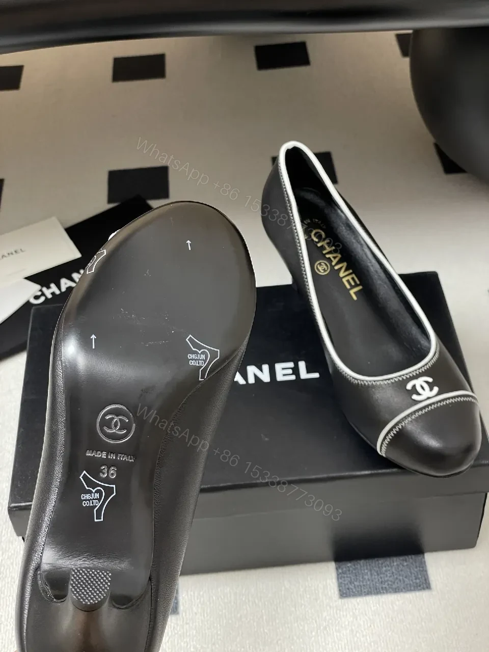 View 4 of Black Leather Heels - White Piping, Logo Detail, 2.5" Heel