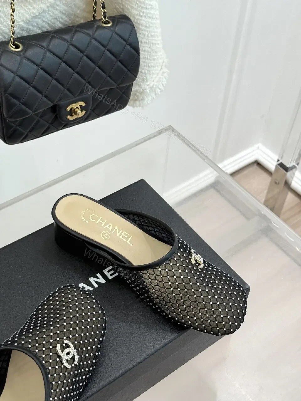 View 3 of Black Mesh Studded Mules Chanel Style Slippers