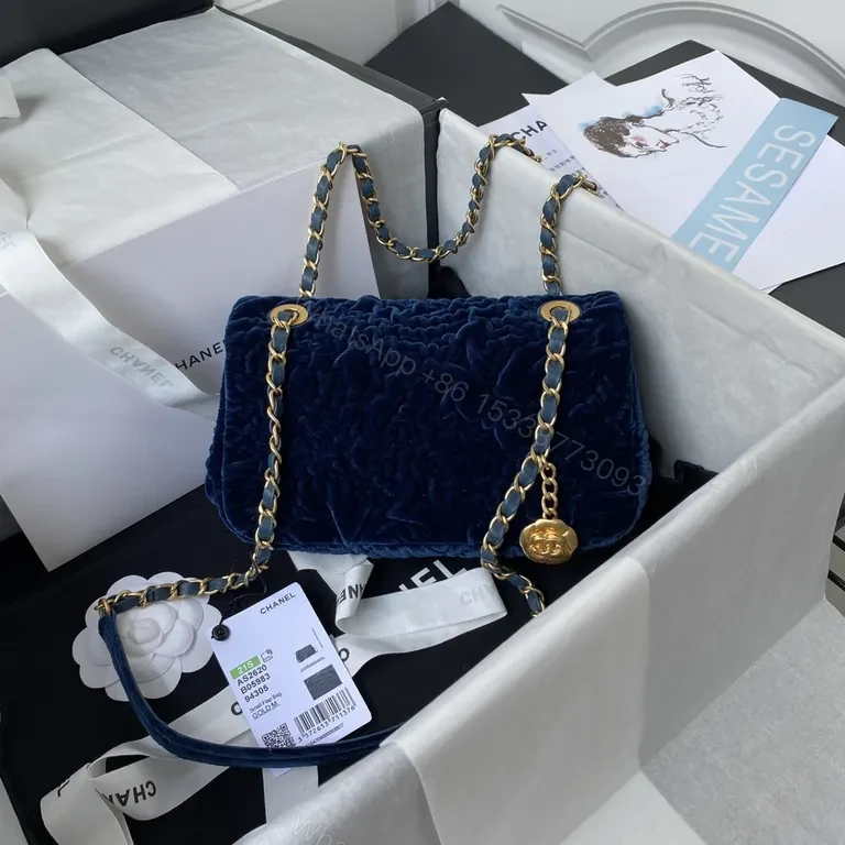 View 6 of Velvet Chanel-Inspired Flap Bag: Luxe, Navy, Gold