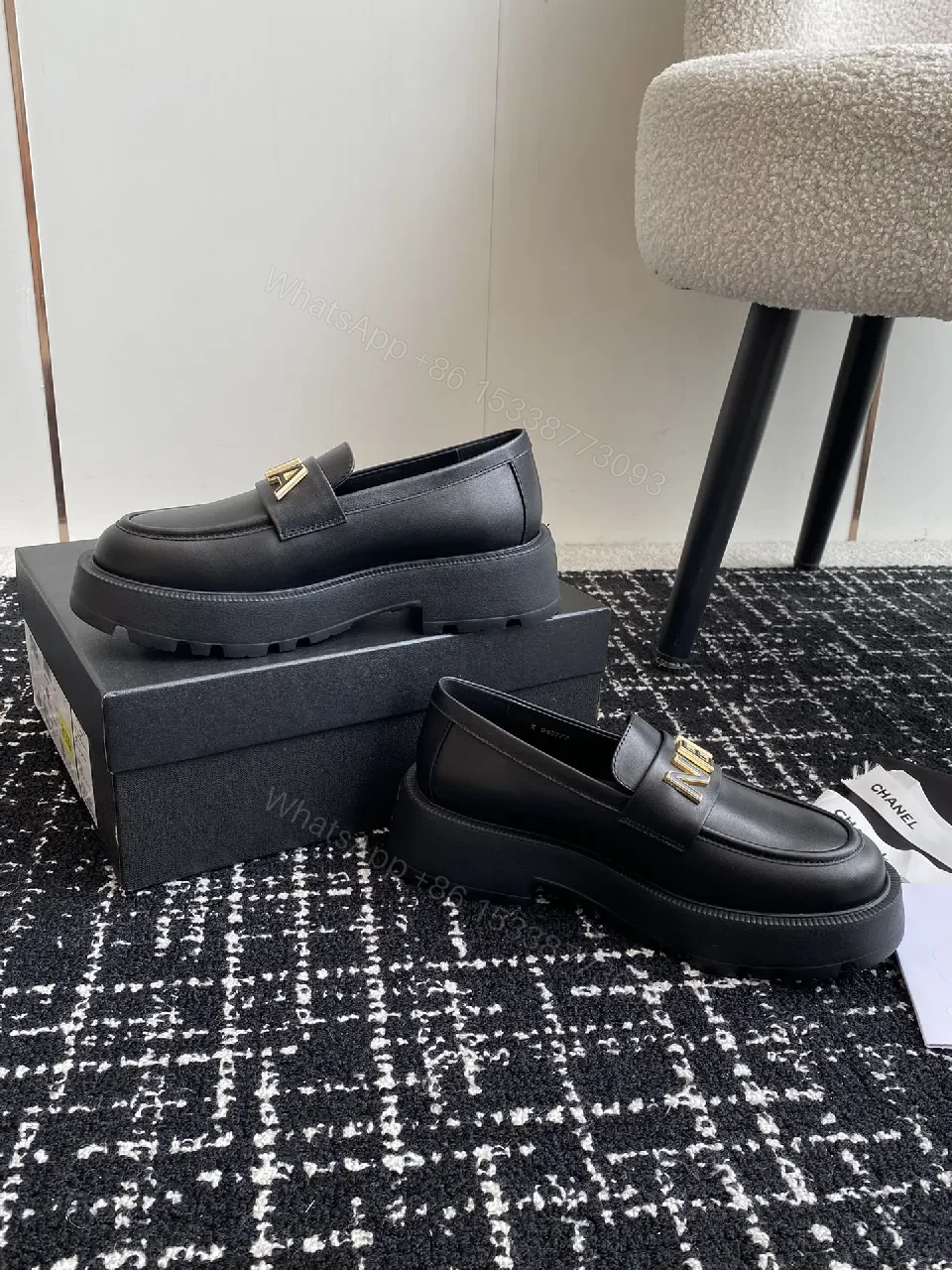 View 2 of Black Leather Loafers with Oversized Gold Logo, Luxe-Edged, Slip-On Shoes