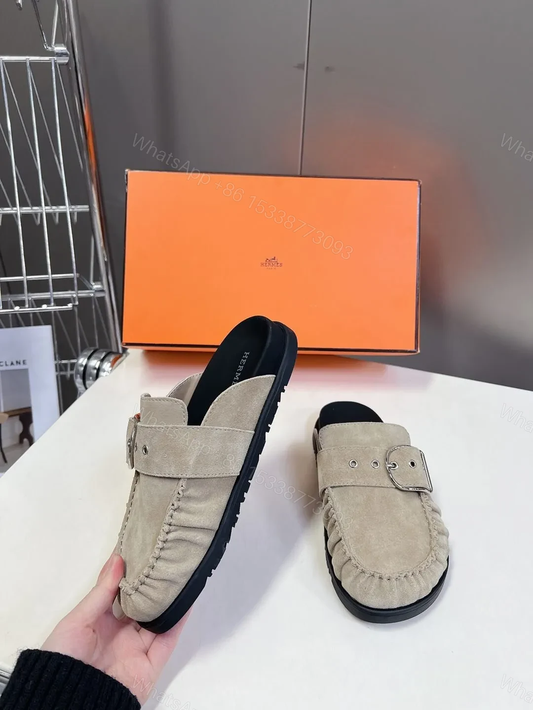 View 3 of Hermes Women Beige Suede Buckle Mules