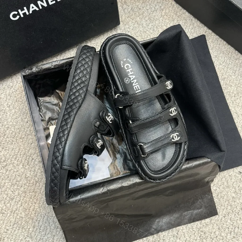 View 5 of Minimalist Black Leather Sandals with Subtle Logo Hardware