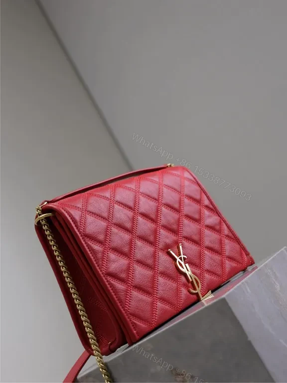 View 2 of Radiant Red Quilted Leather Crossbody Bag with Gold Emblem