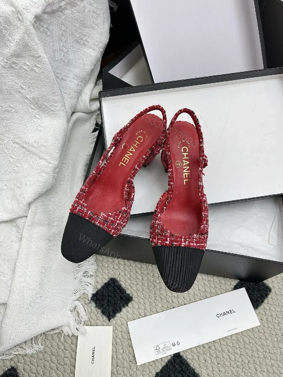 View 7 of Red & Black Tweed Slingback Heels with Luxury Details