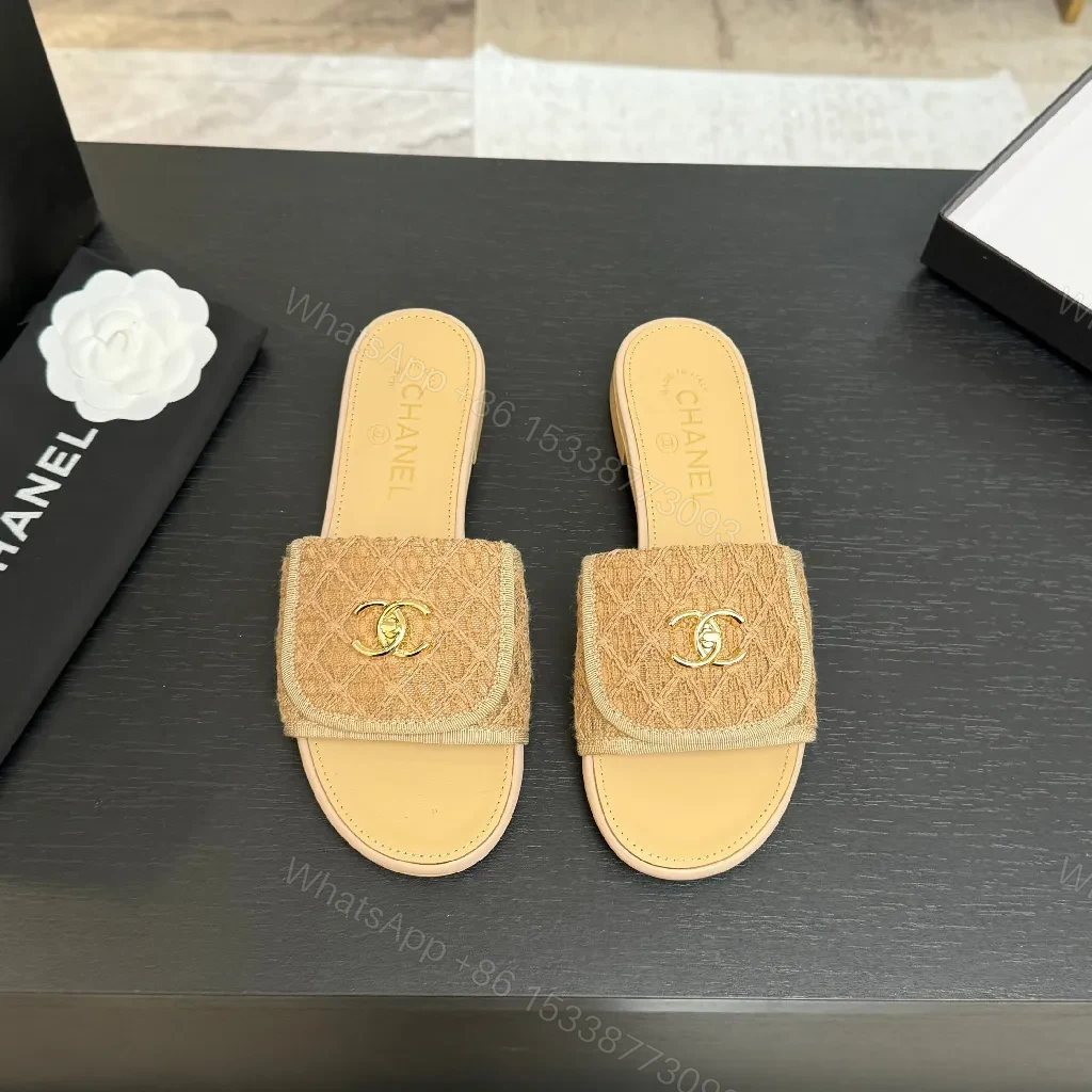 View 2 of Beige Textured Slides with Gold Logo Luxury Comfort