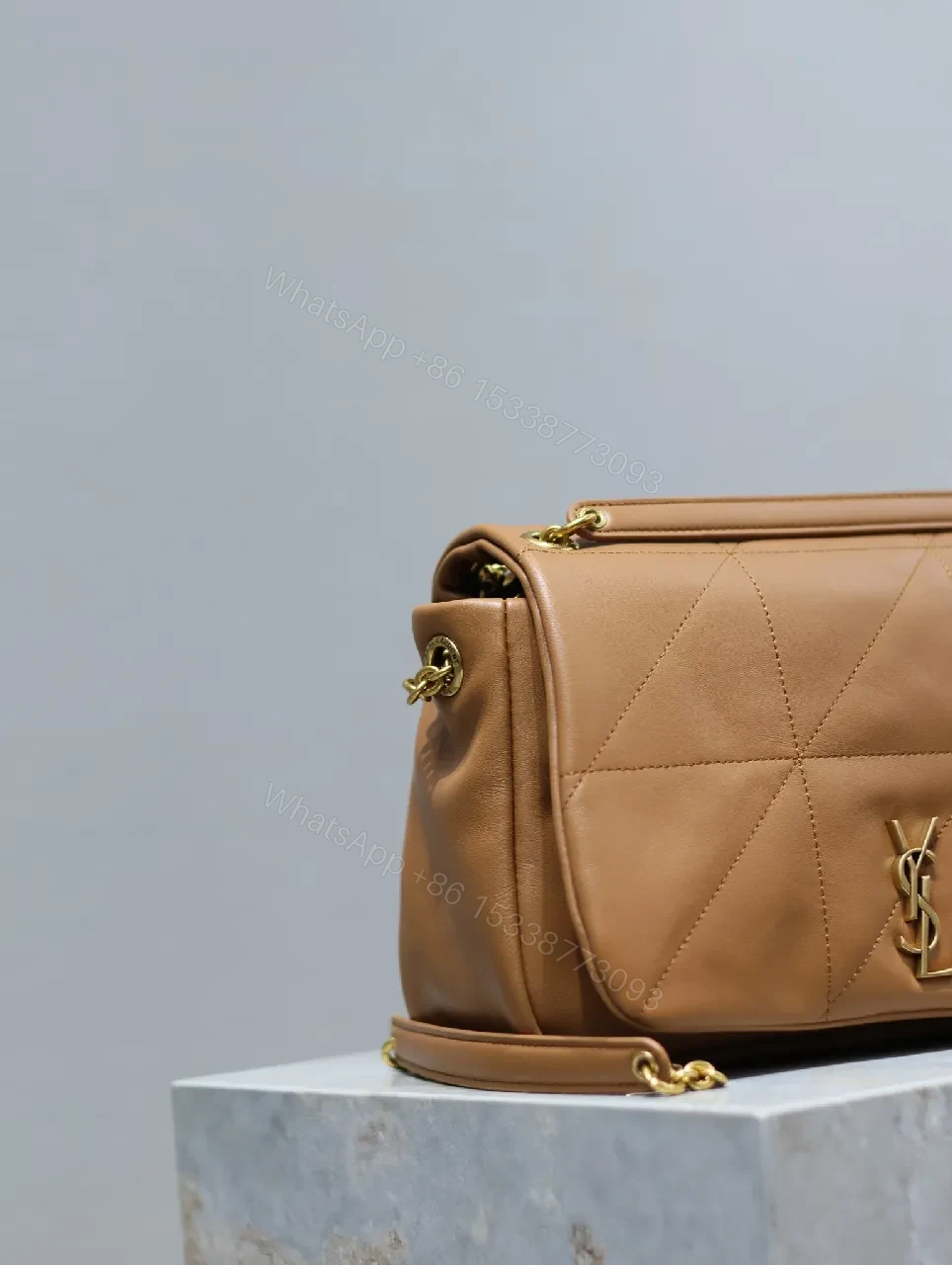 View 3 of Quilted Leather Camel Shoulder Bag with Gold Hardware