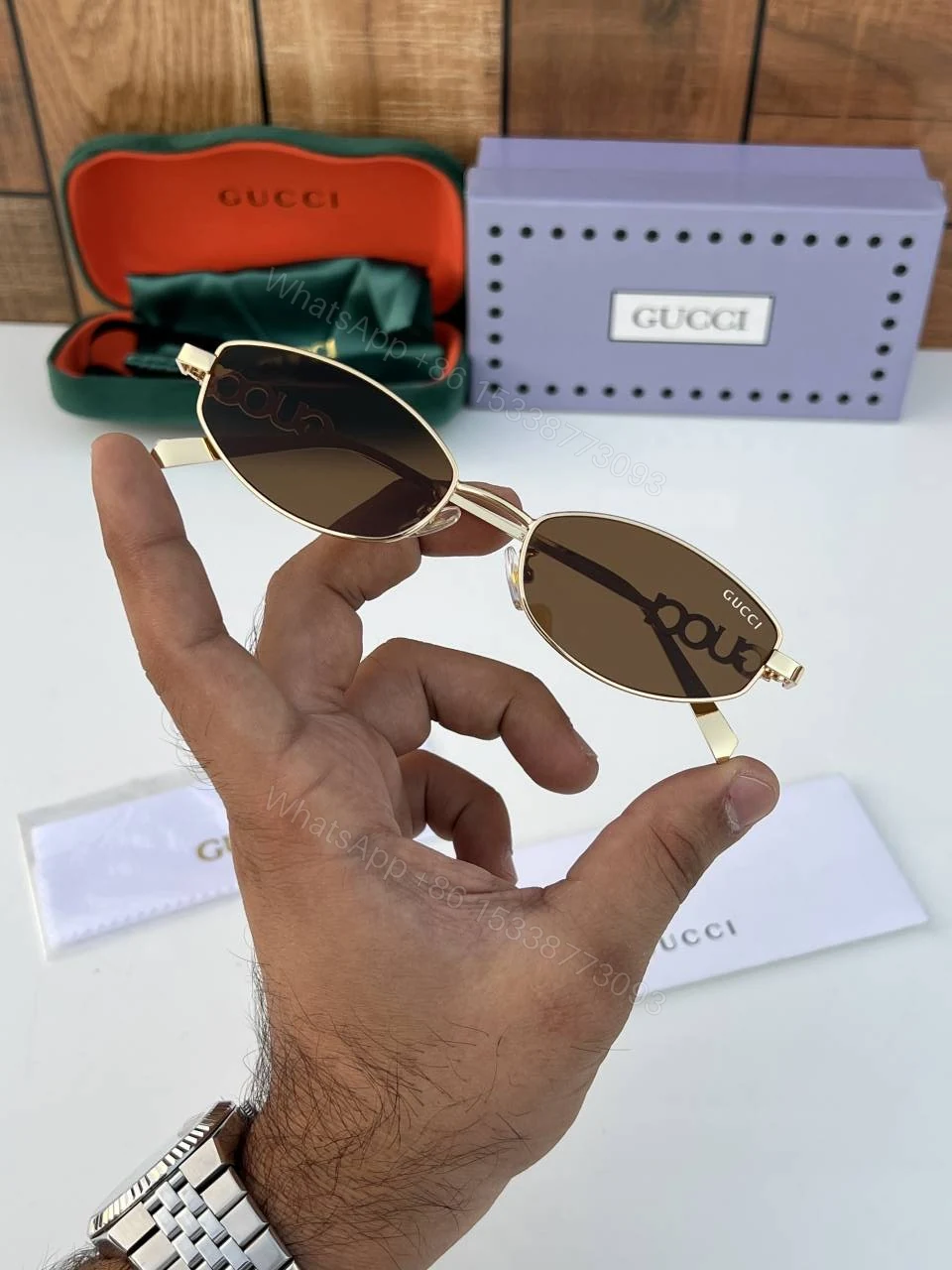 View 3 of First Copy Gucci 32827 Gold Brown Luxury Designer Sunglasses Premium UV Protection Eyewear