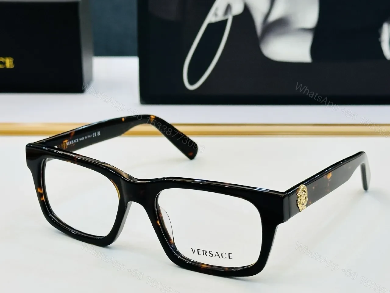 View 4 of Elegant Black Acetate Frames – Gold Medusa Detail, Rectangular