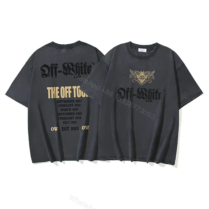 Black Distressed Cotton Tee Off-White Crest Graphic T-Shirt — view 1