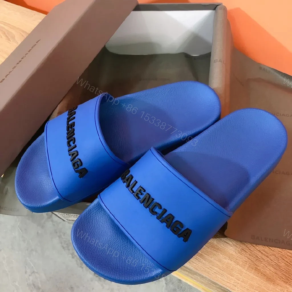 View 3 of Bold Blue Luxe Slides - Premium Faux Leather, Slip-On Comfort