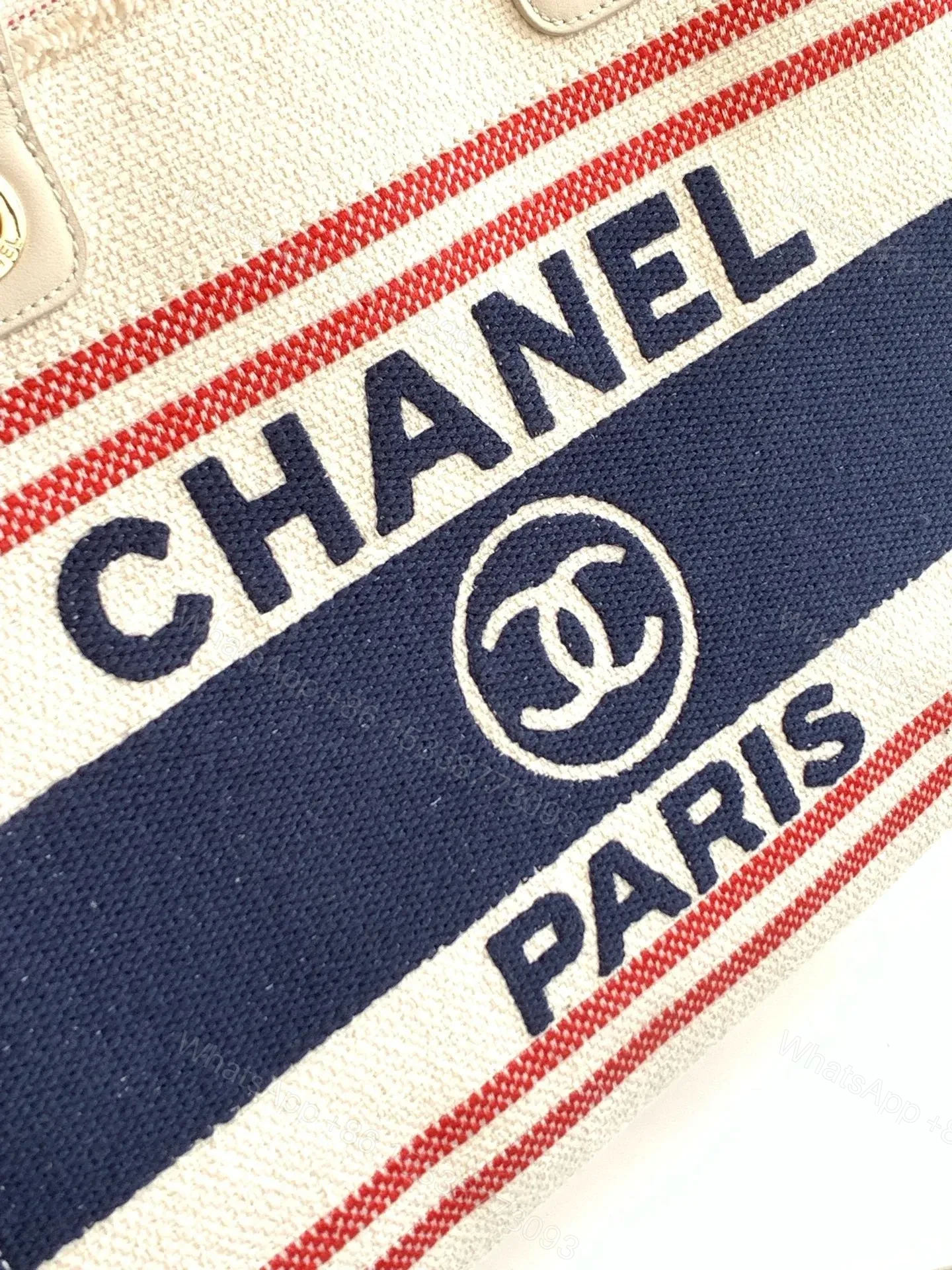 View 7 of CHANEL SHOPPING BAG 34 IN WHITE RED AND NAVY BLUE CANVAS