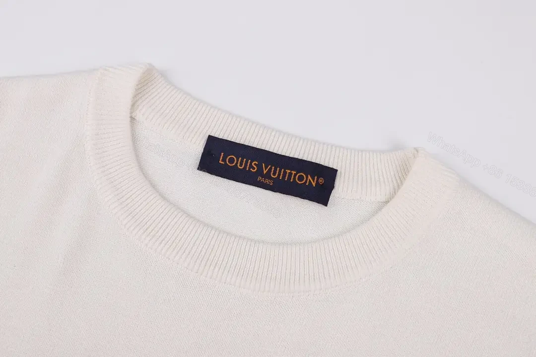 View 6 of White Jersey Short-Sleeve Crewneck T-Shirt with Gold LV Chest Logo
