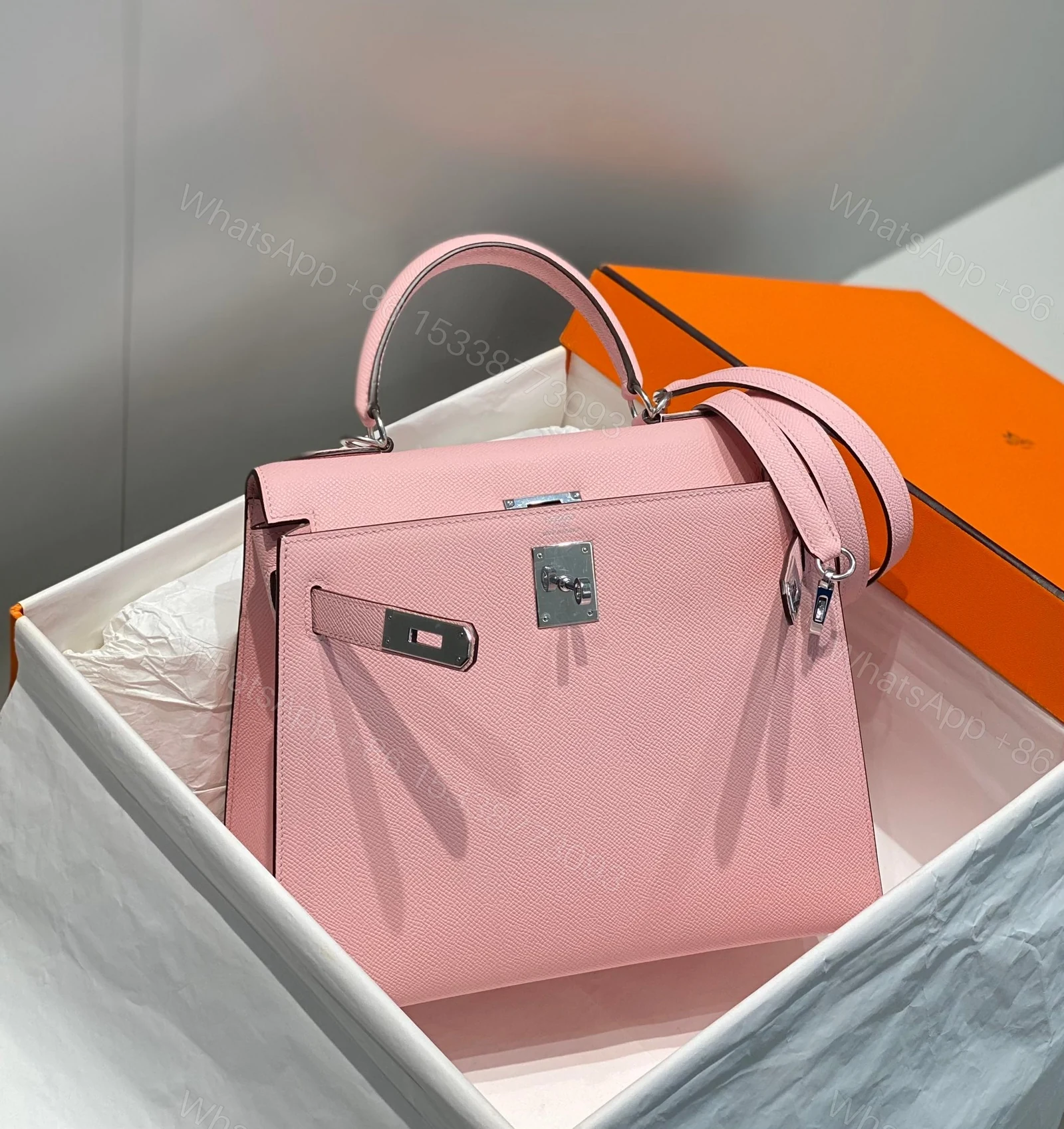 View 3 of KELLY 28CM IN ROSE SAKURA EPSOM SILVER HARDWARE