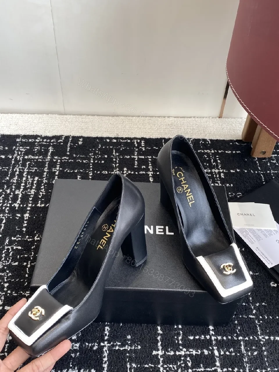 View 5 of Chic Black Leather Heels with White Trim Detail Pumps