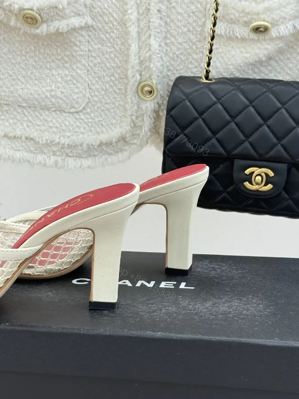 View 4 of White Mesh Heels Red Insole Classic Netted Upper Mule Sandals