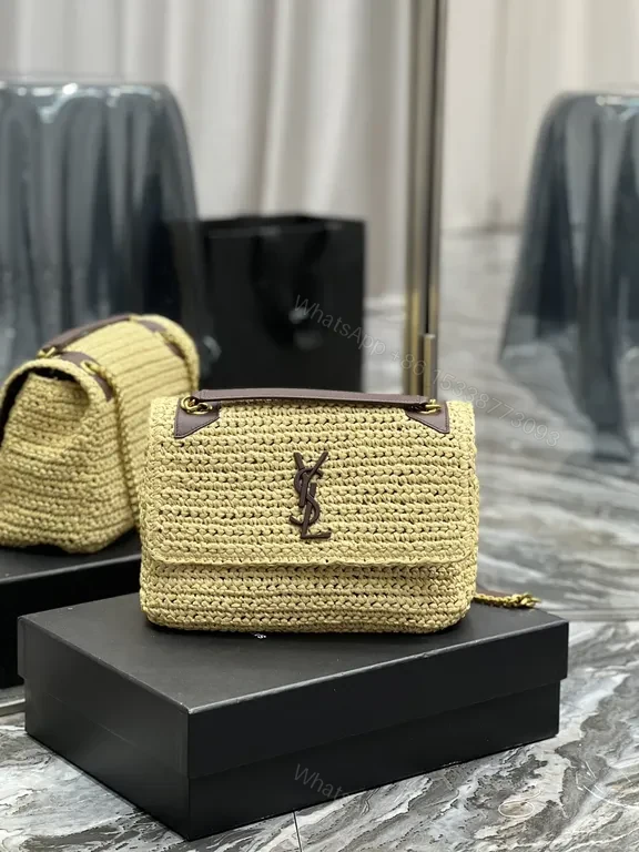Neutral Raffia Chain Bag: YSL-Emblem Luxe Crossbody Bag — view 1