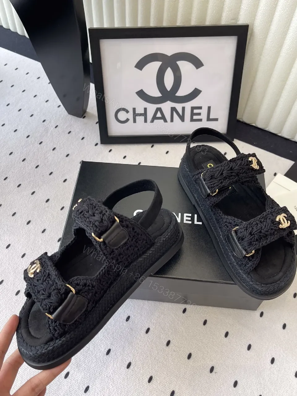 View 2 of Crochet-Texture Sandals with Gold Logo Accents – Luxury Everyday Wear