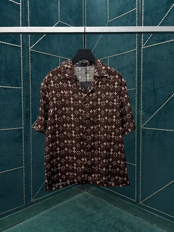 Brown LV Monogram Short-Sleeve Shirt, Relaxed Button-Front Classic Style — view 1