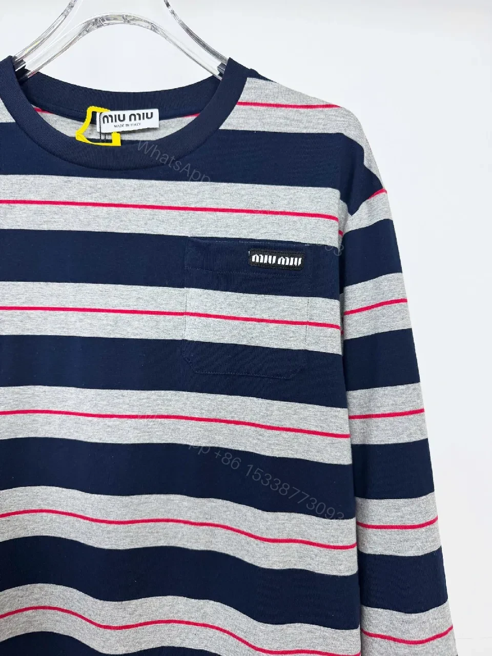 View 8 of Navy Gray Stripe Knit Top with Red Accent, Relaxed Fit