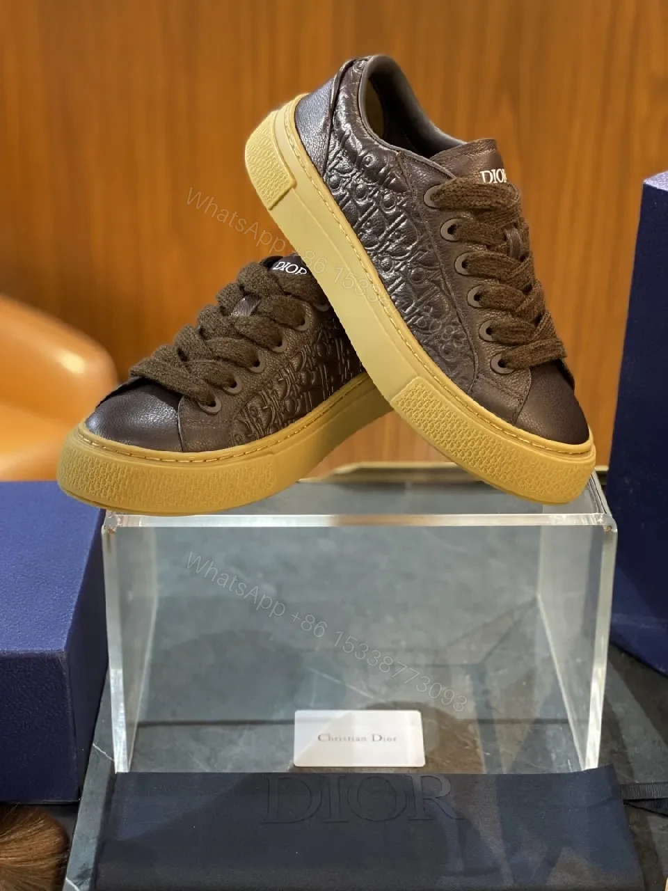 View 5 of Brown Leather Embossed Low-Top Sneakers with Gum Sole