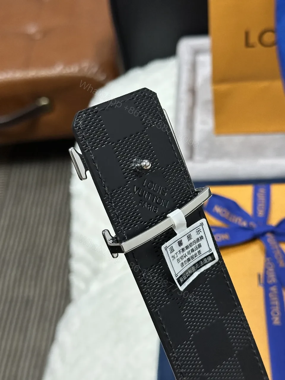View 4 of Checkerboard Leather Belt with Signature Buckle — Modern Luxury Belt
