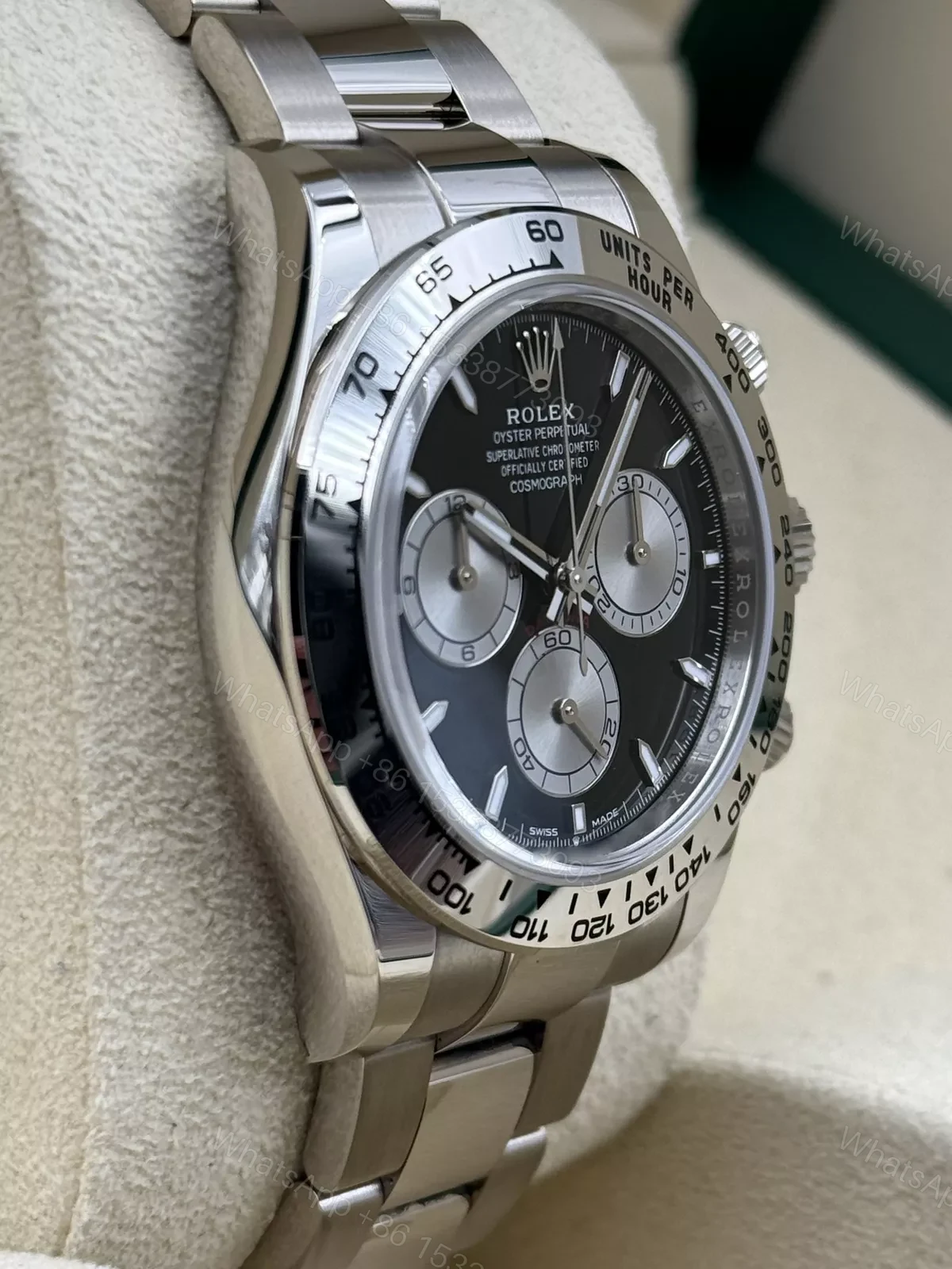 View 3 of Replica Rolex Cosmograph Daytona White Gold Black Dial Silver Subdials 40mm
