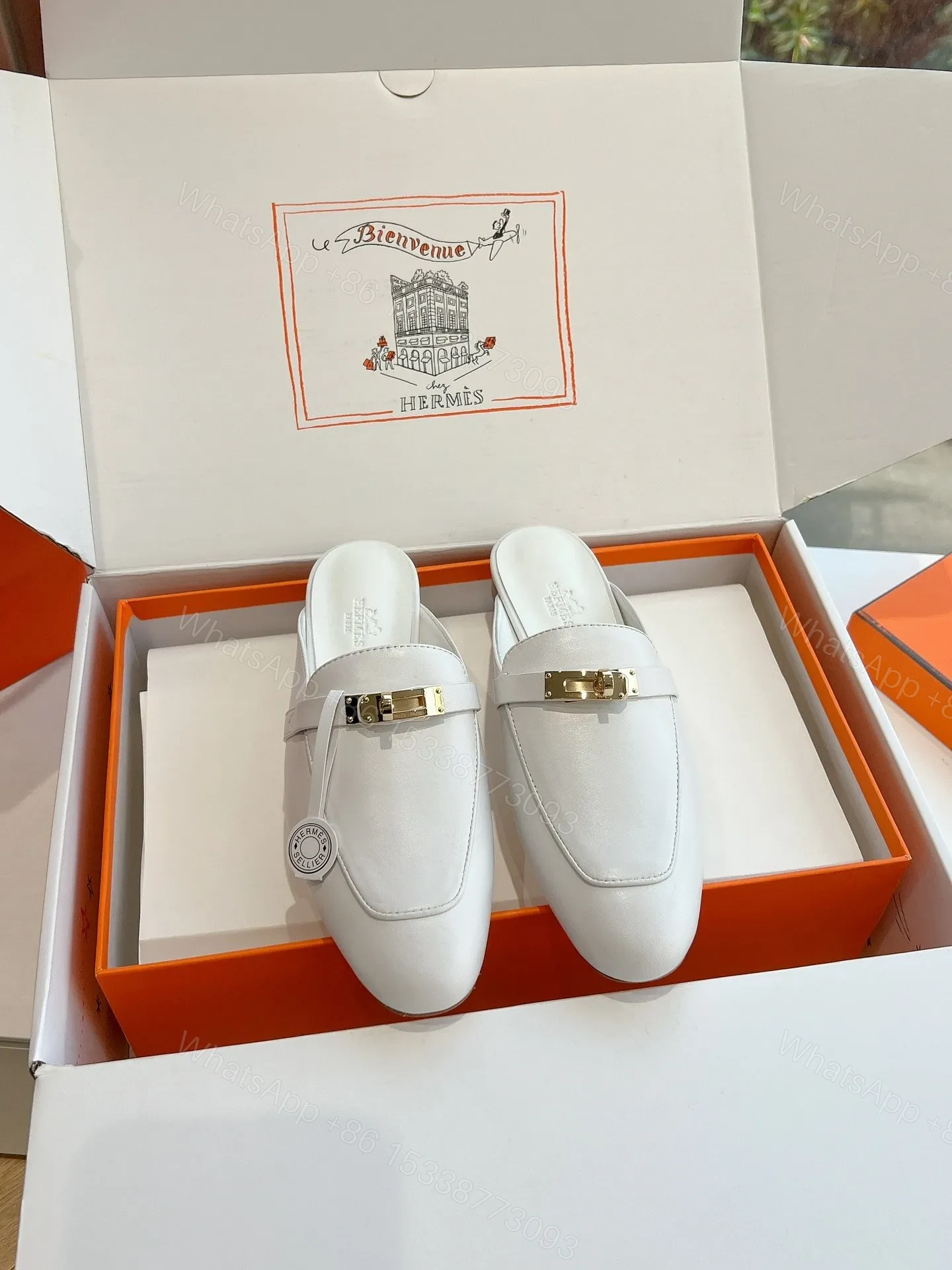 View 3 of Hermes Women White Leather Mules