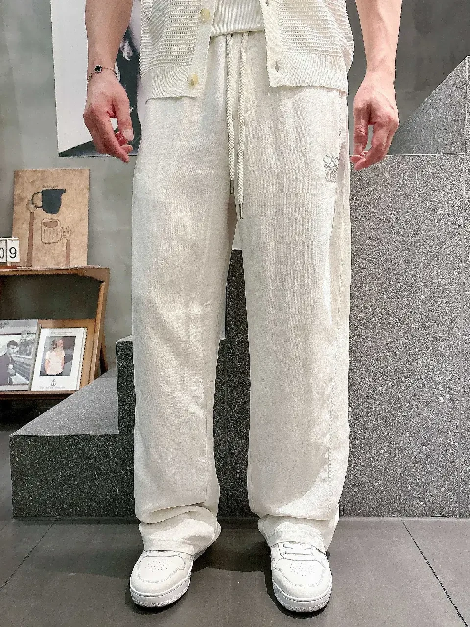 View 5 of Off-White Cream Linen-Look Wide-Leg Drawstring Pants