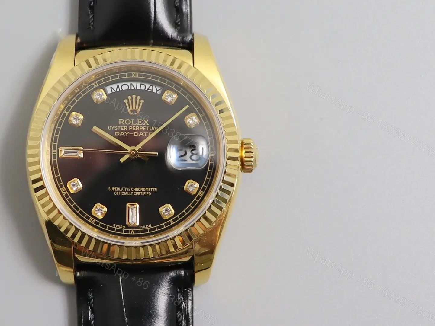 Rolex Day-Date Black Diamond 36MM Leather Strap Premium Edition ROLEX-DD36-BLK-DIA — view 1