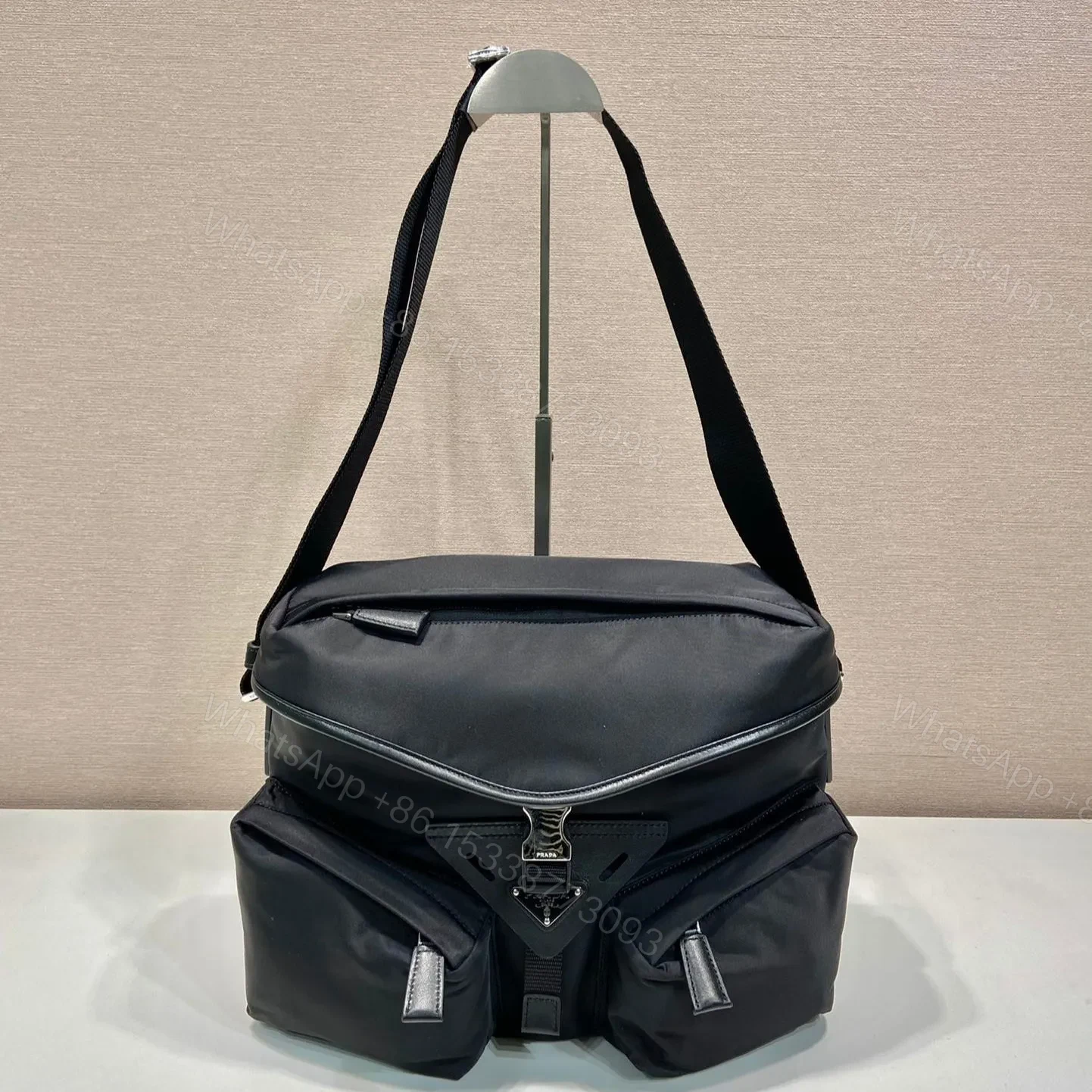 CROSSBODY BAG 29 IN BLACK RE-NYLON AND CALFSKIN TRIM — view 1