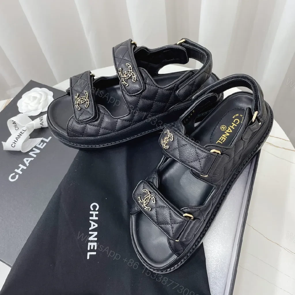 View 8 of Black Leather Sandals with Quilted Detail, Velcro Straps, Cushioned Comfort