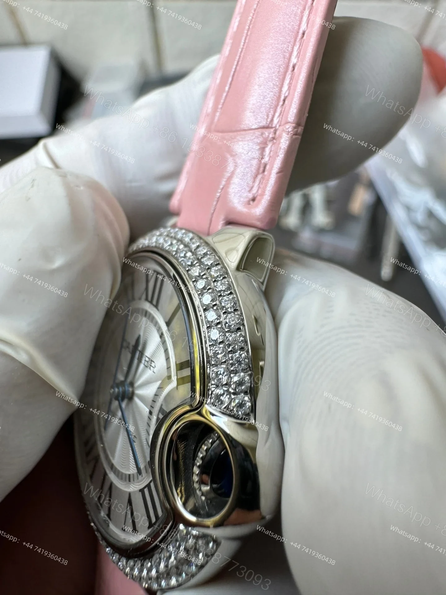 View 10 of Cartier Super Clone Ballon Bleu Diamond Bezel 33MM Pink Leather Strap