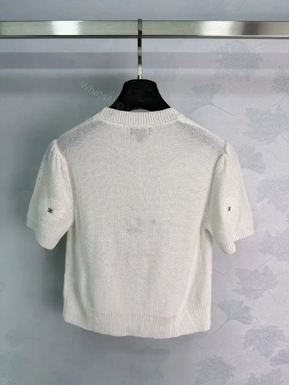 View 2 of White Knit Polo Top with Daisy Floral Embellishments, Pullover