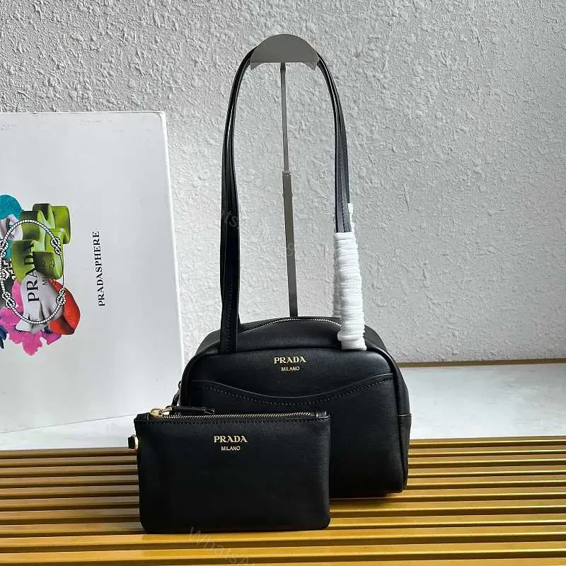 Black Leather Structured Handbag with Gold Zipper Pouch - Prada Milano Style — view 1