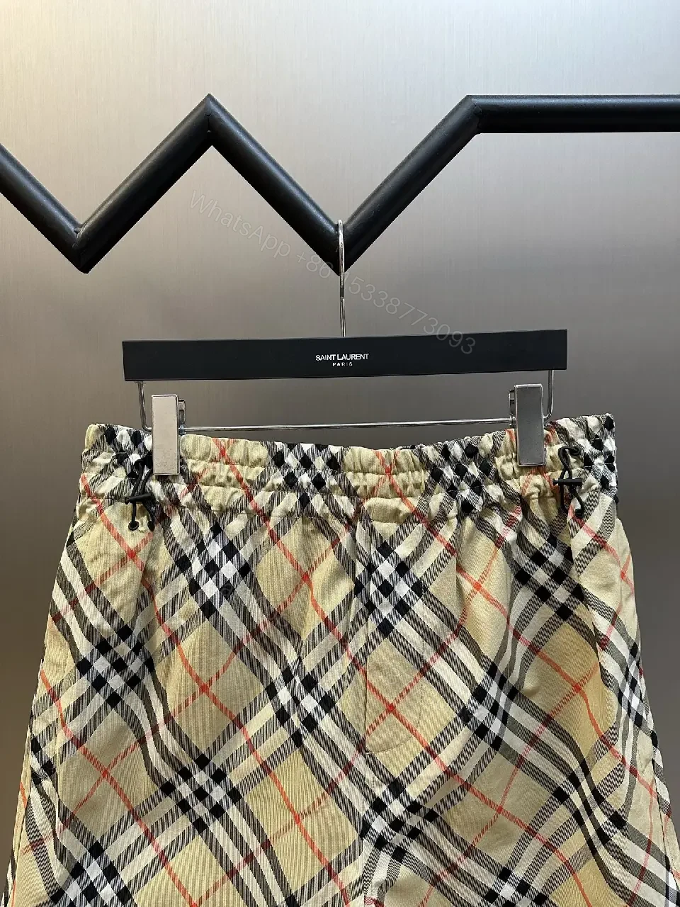View 8 of Beige Burberry-Style Cotton Plaid Shorts with Drawstring Elastic Waist