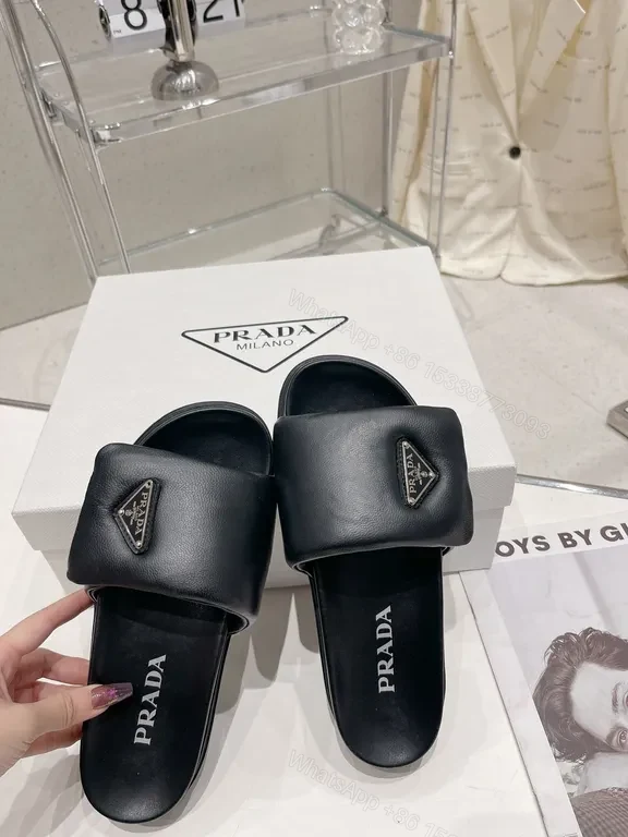 View 8 of Black Leather Prada-Style Minimalist Slide with Logo & Lug Outsole