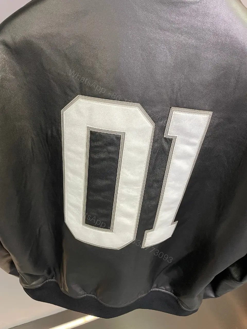 View 8 of Bold Leather-Backed Varsity Jacket with Script Detail