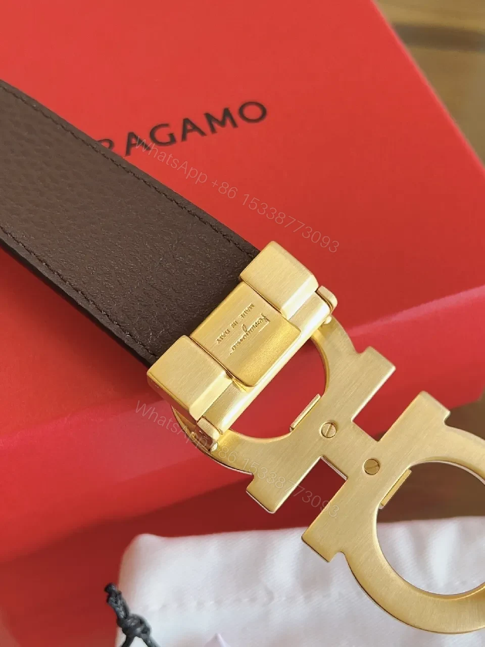 View 3 of Chic Black Leather Belt with Gold Interlocking Buckle