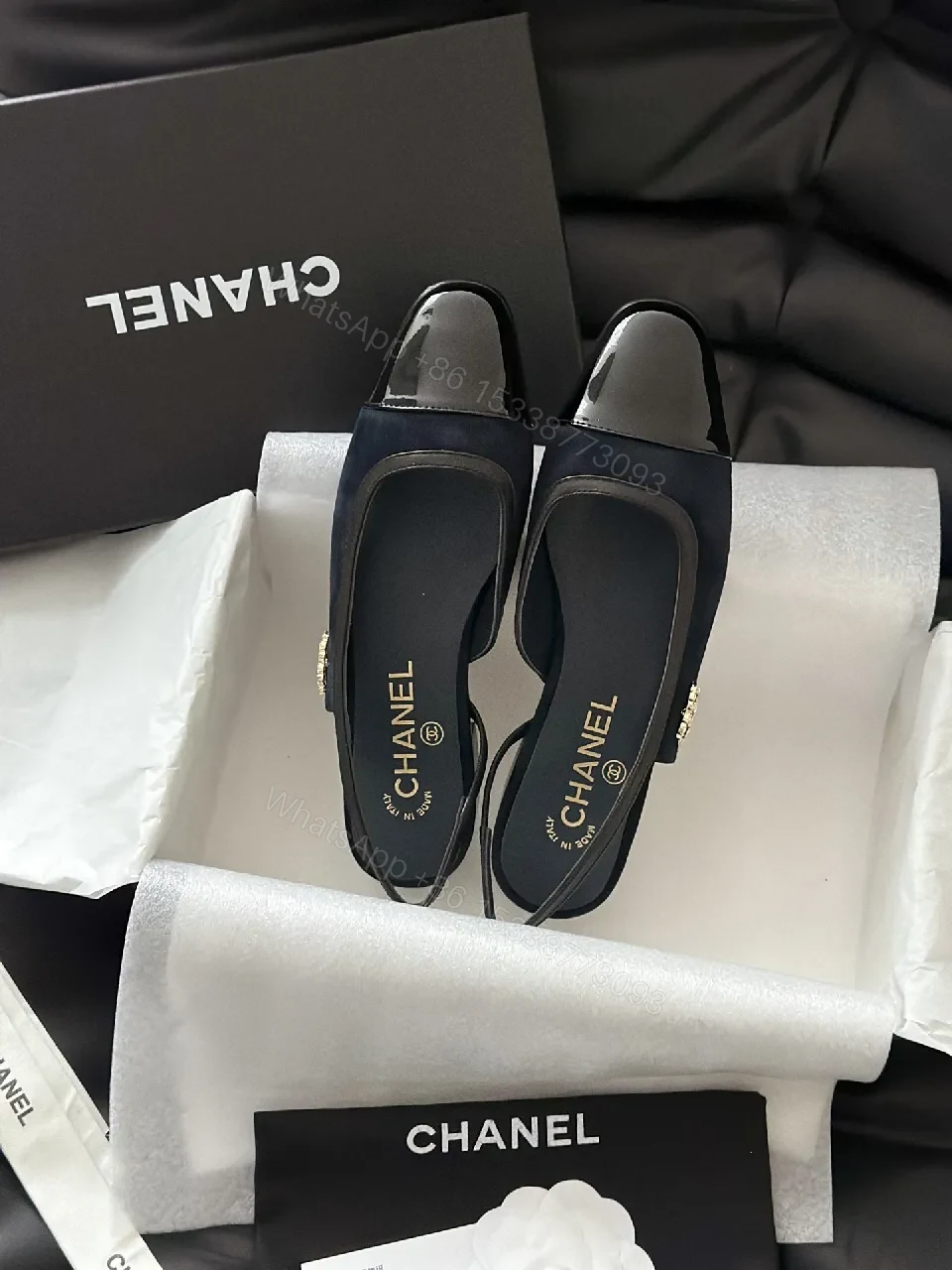 View 7 of Lux Satin Sling-Back Sandals: Navy with Logo Accent