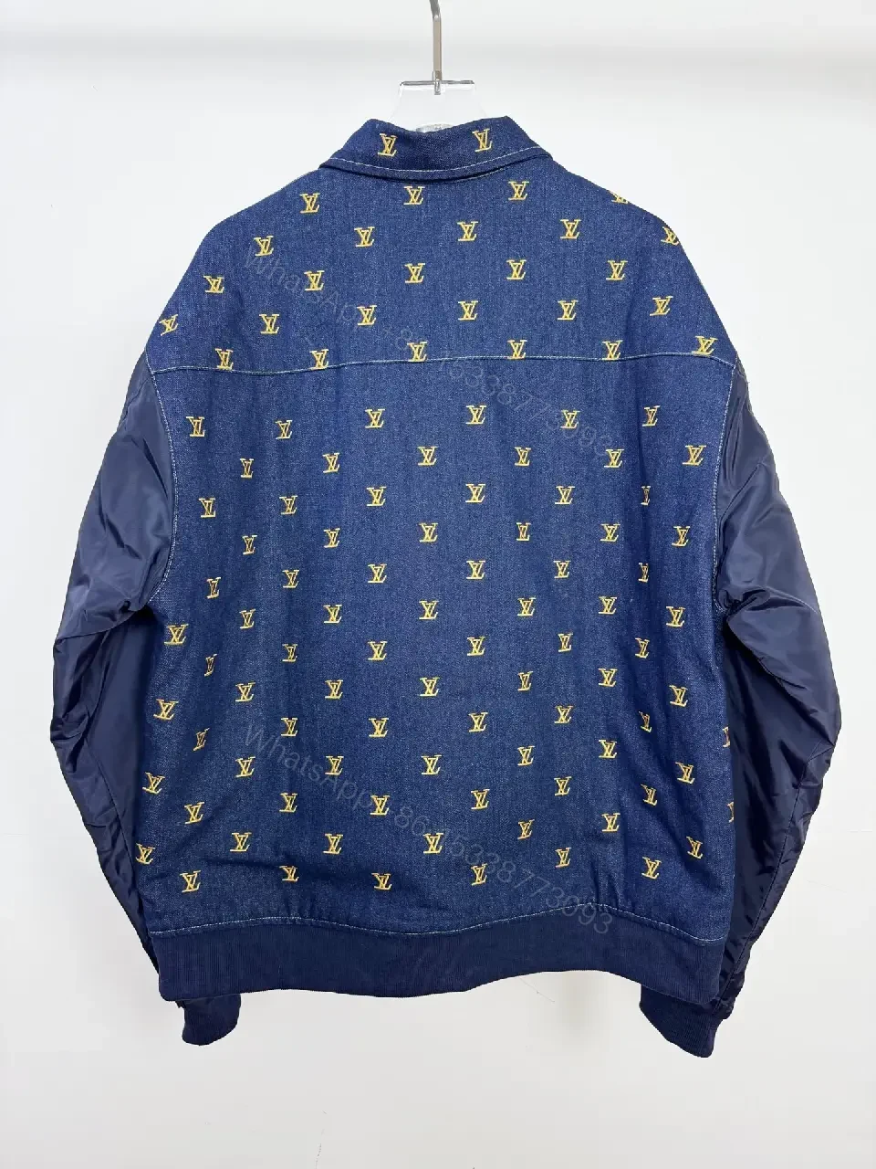 View 10 of Denim Bomber Jacket with Gold Monogram Detailing and Contrast Sleeves