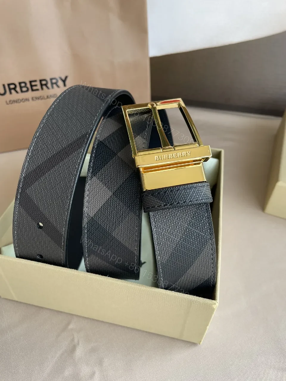 View 7 of Patterned Luxury Belt: Checkerboard, Gold Buckle, Leather Waistwear