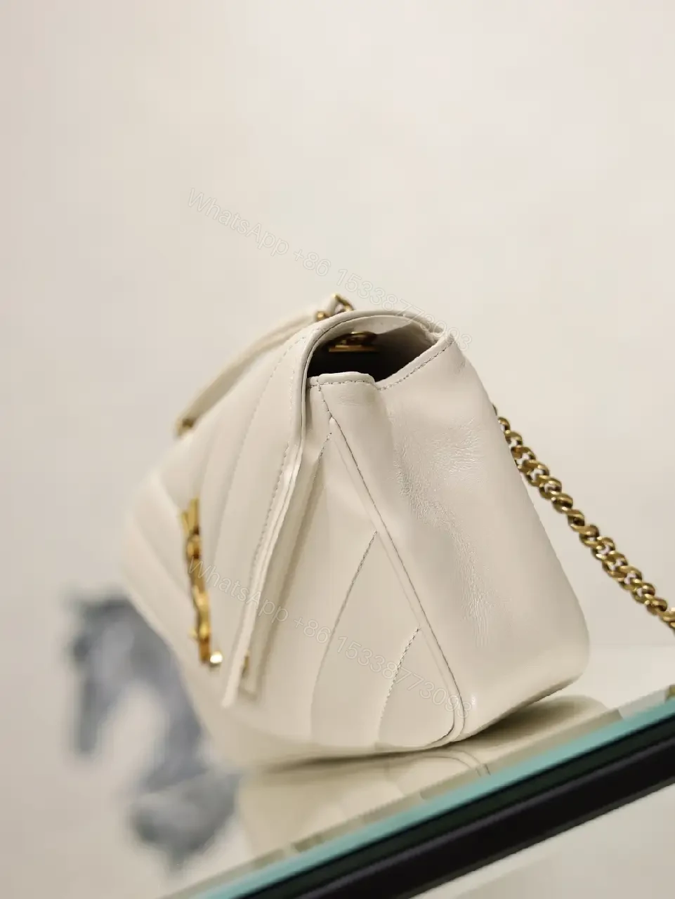 View 10 of White Leather Luxury Handbag Chevron Quilted Top Handle Bag
