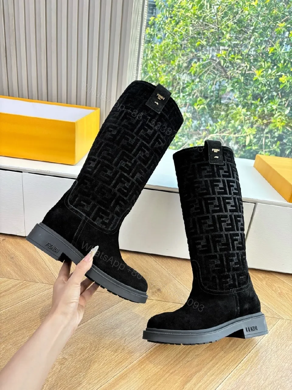 View 8 of Black Suede-Like Knee Boots with Signature Pattern Calf-Height Glam