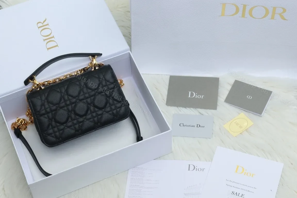 View 6 of Black Micro-Quilt Leather Shoulder Bag with Gold Hardware