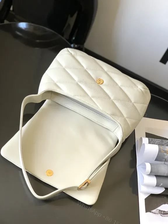 View 4 of White Quilted Leather Shoulder Bag with Gold-YSL Logo