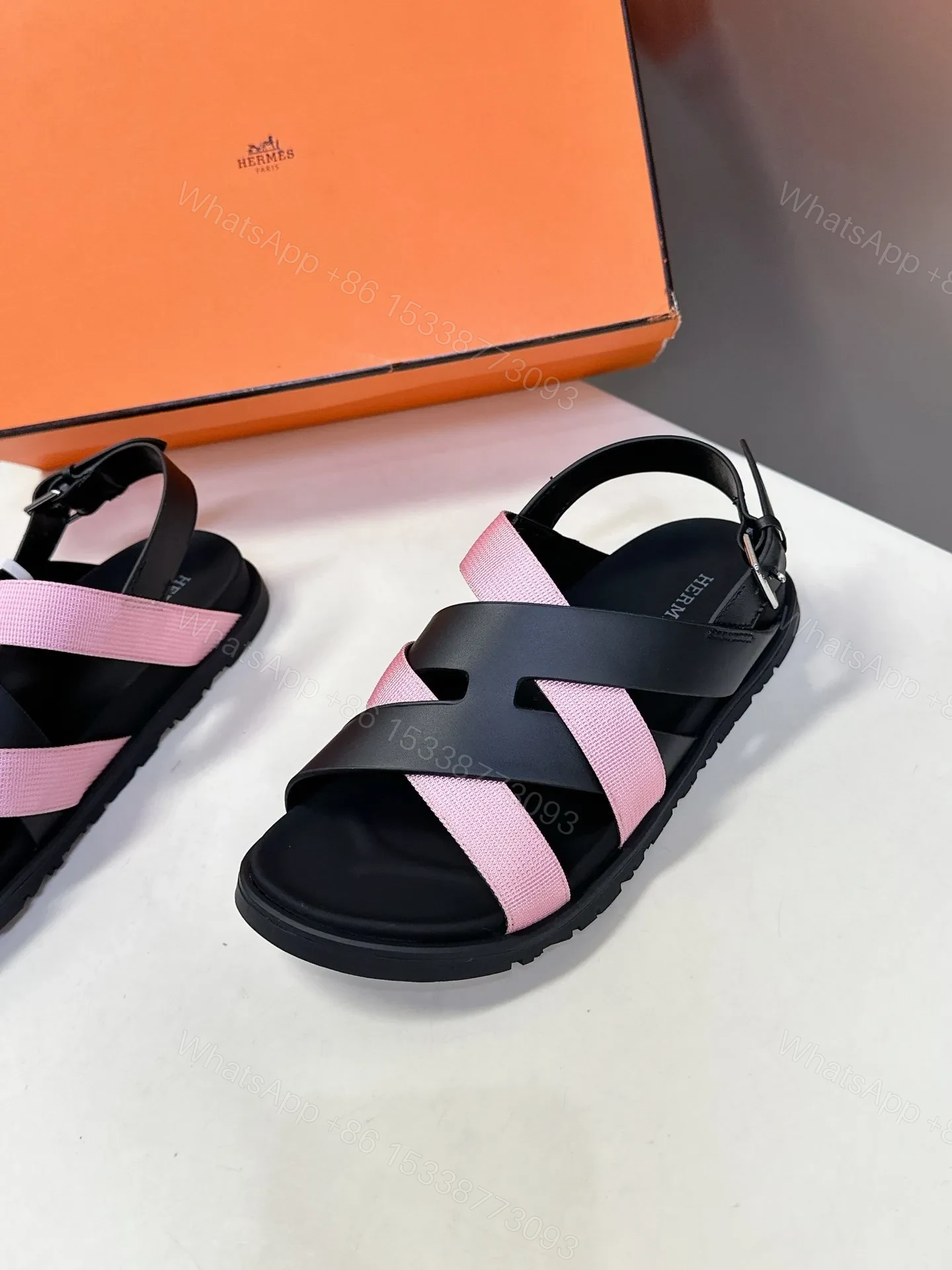 View 4 of Hermes Women Black Pink Leather Strappy Sandals