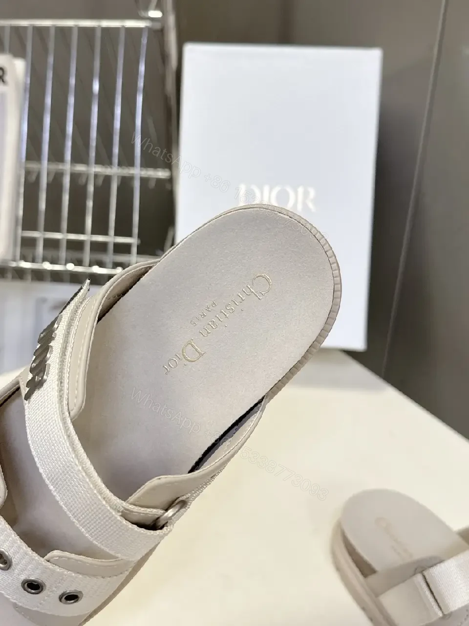 View 6 of Cream Leather Sandals, Metallic Buckle, Dior Style, Cork-Insole Comfort, Sandals